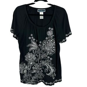 Karen Scott Floral Embroidered Studded Black White Peasant Top Medium